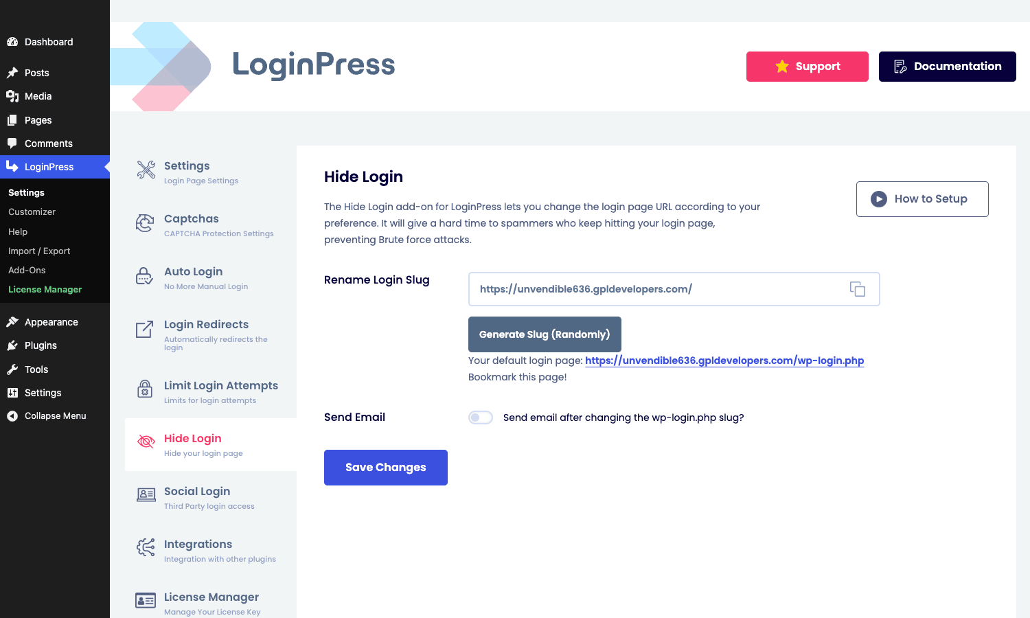 LoginPress Hide Login add-on settings LoginPress Hide Login add-on with the slug rename field