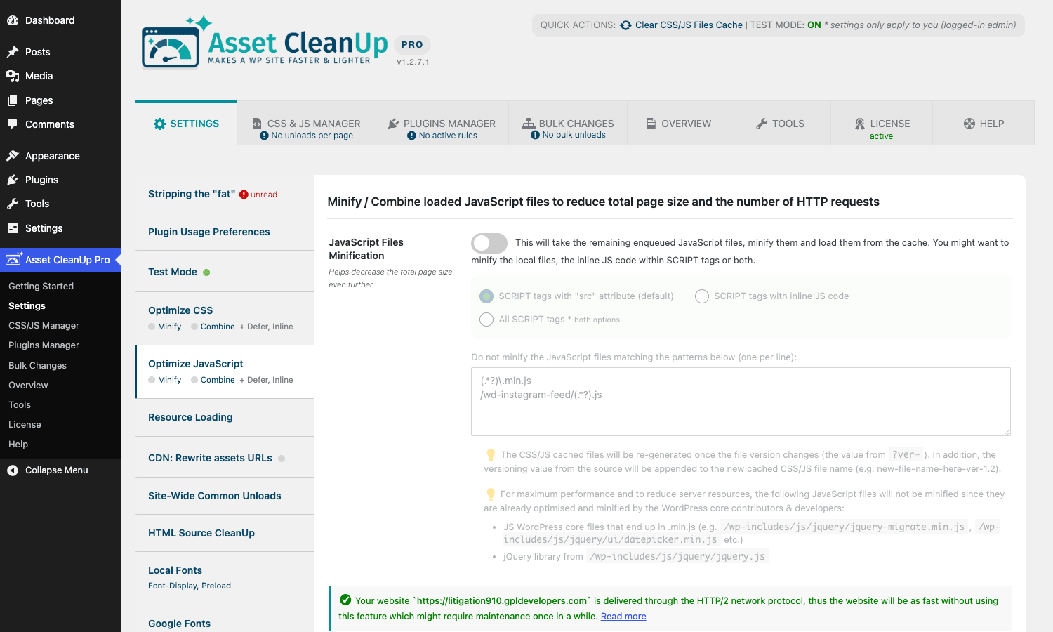 Optimize JavaScript panel Asset CleanUp Pro Optimize JavaScript settings