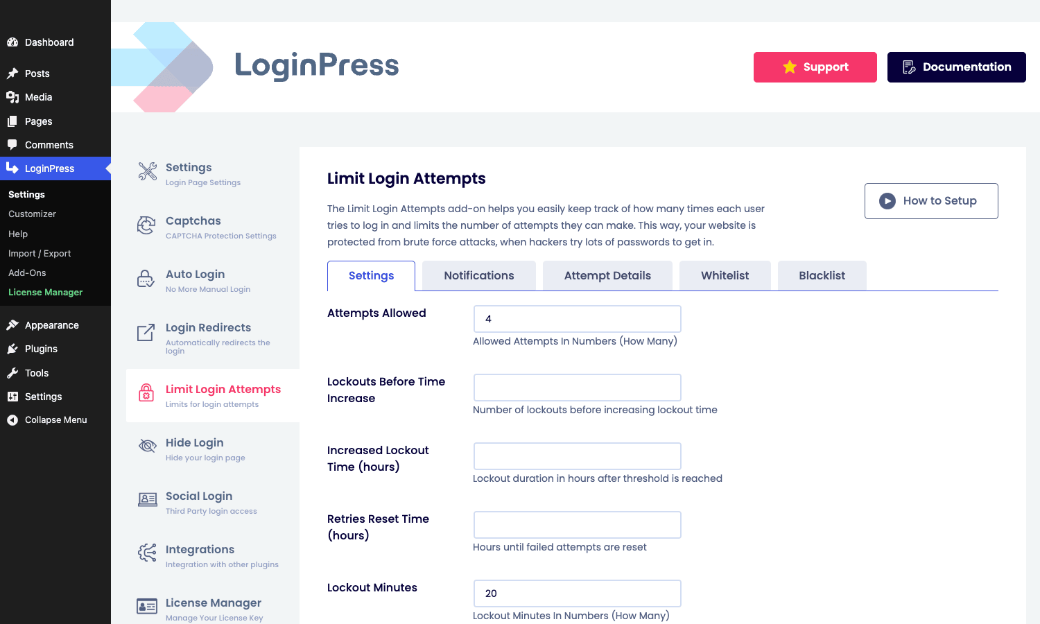 Limit Login Attempts configuration LoginPress Limit Login Attempts settings