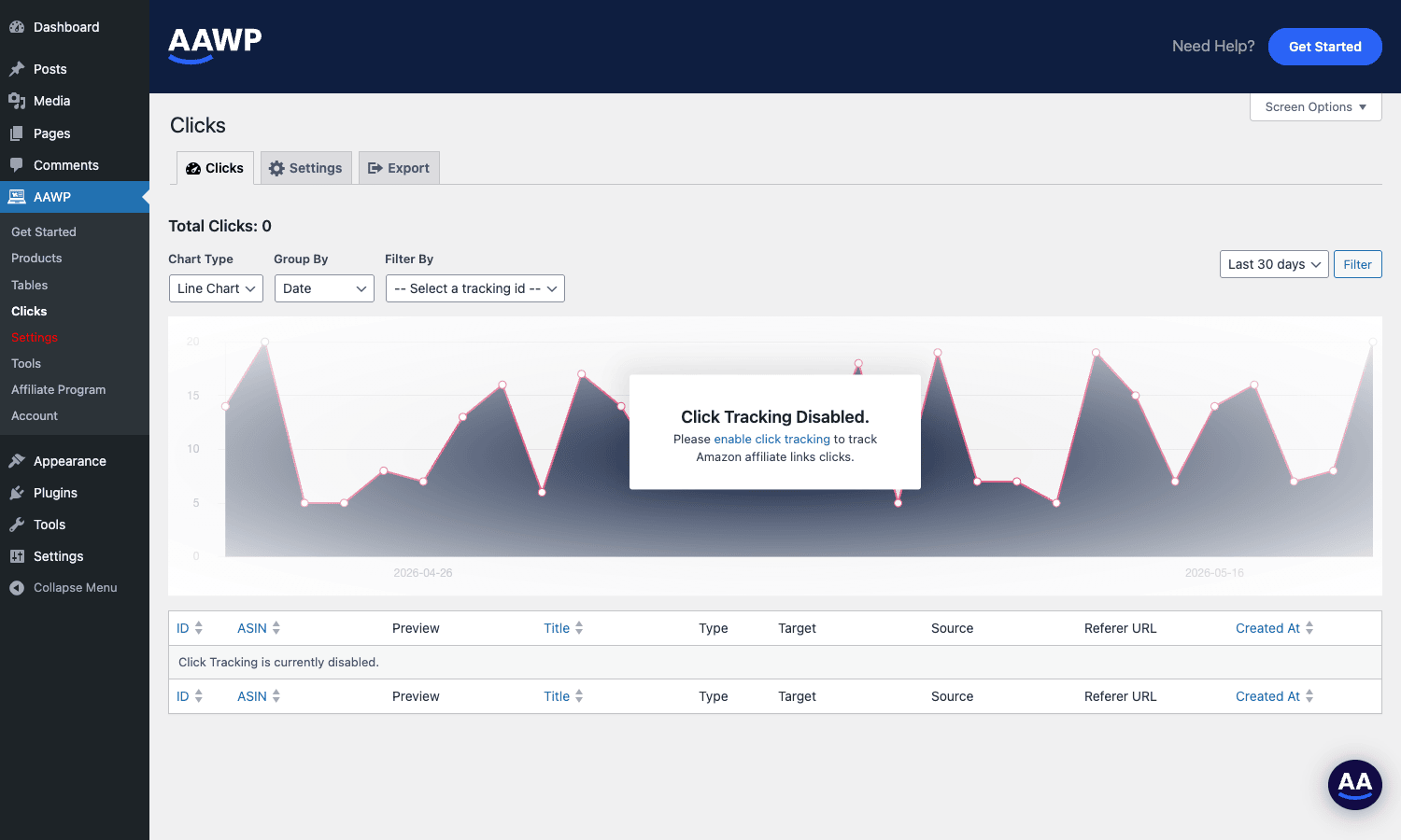 AAWP Clicks dashboard with chart, filters, and click log table AAWP Clicks dashboard with line chart and table