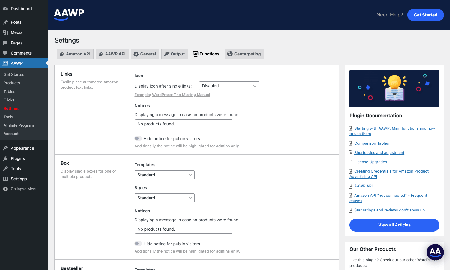 AAWP Functions tab with per-type template and style pickers AAWP Settings - Functions tab with template controls per shortcode type