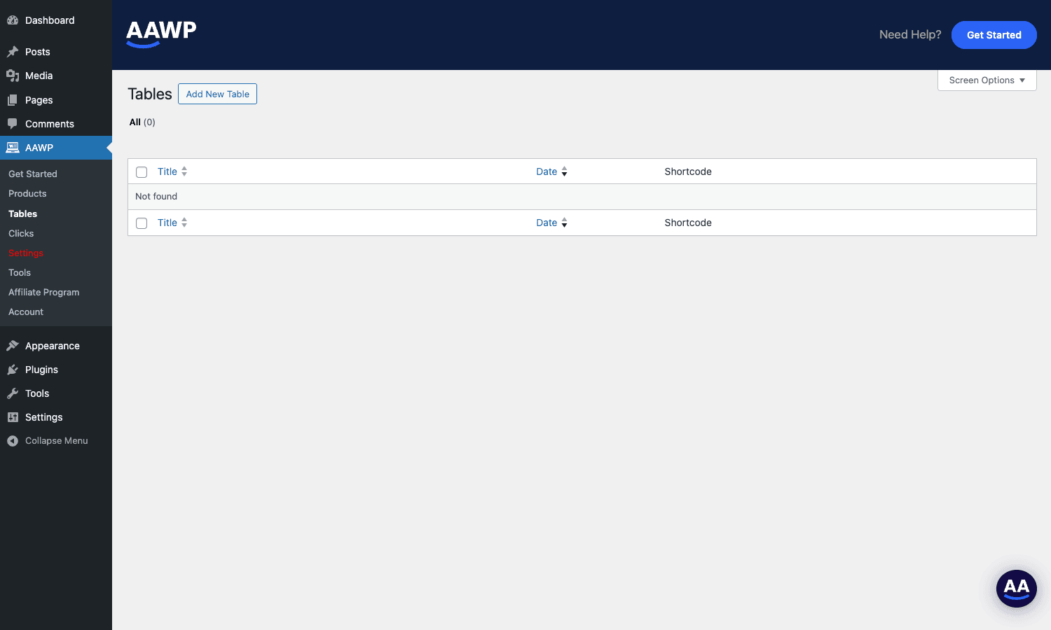 AAWP Tables - the comparison table builder list view AAWP Tables list view