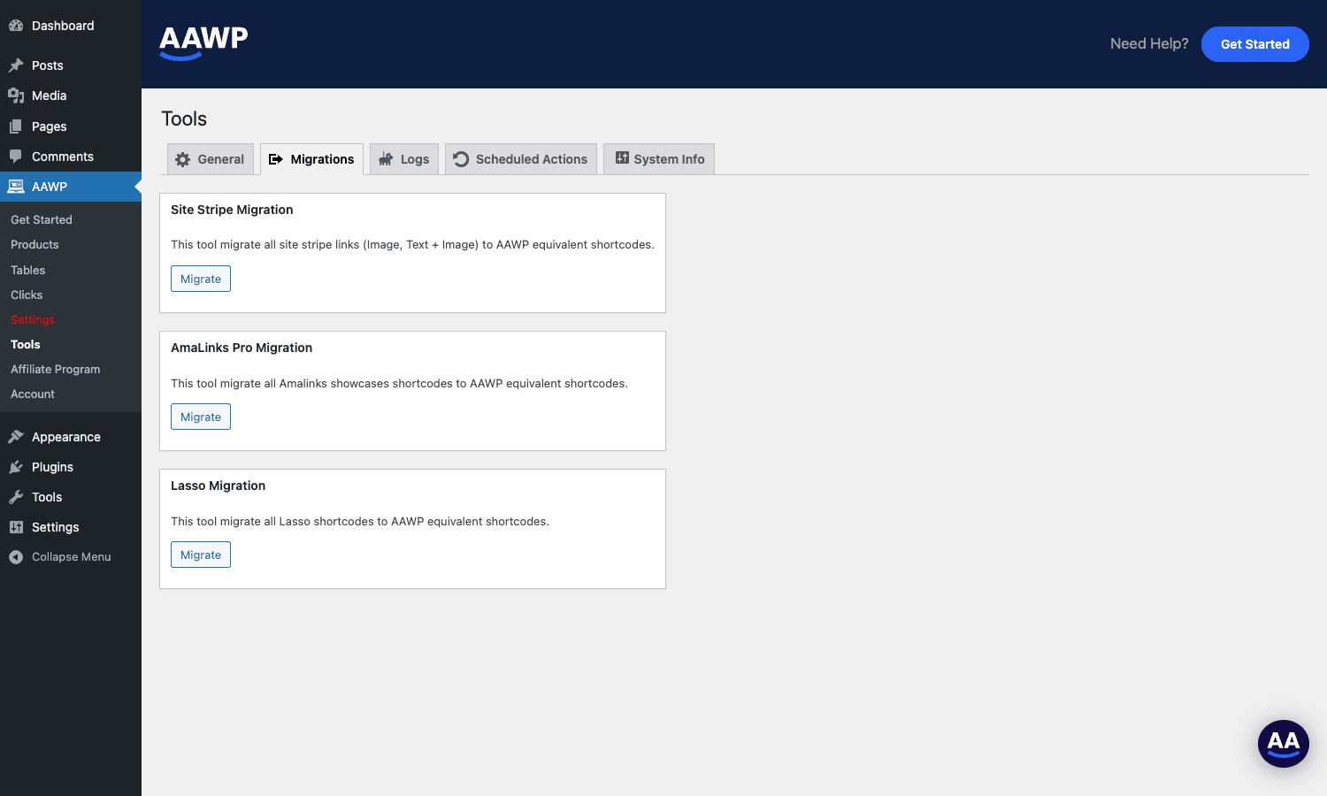 AAWP Tools - Migrations tab with importers for Site Stripe, AmaLinks Pro, and Lasso AAWP Tools - Migrations tab with Site Stripe, AmaLinks, and Lasso importers