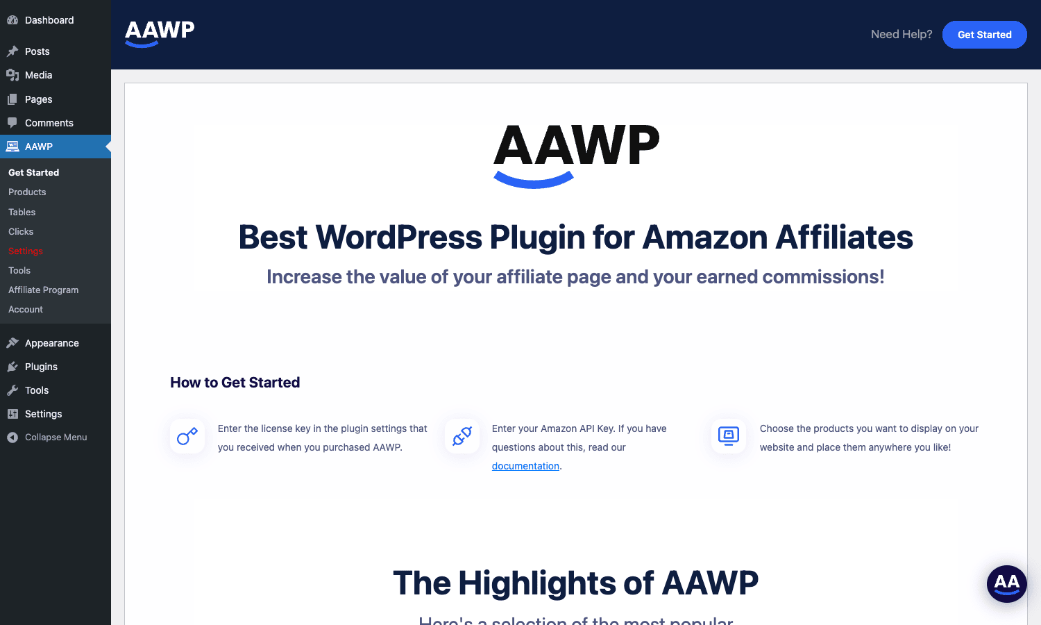 AAWP Get Started page in the WordPress admin AAWP welcome page after activation