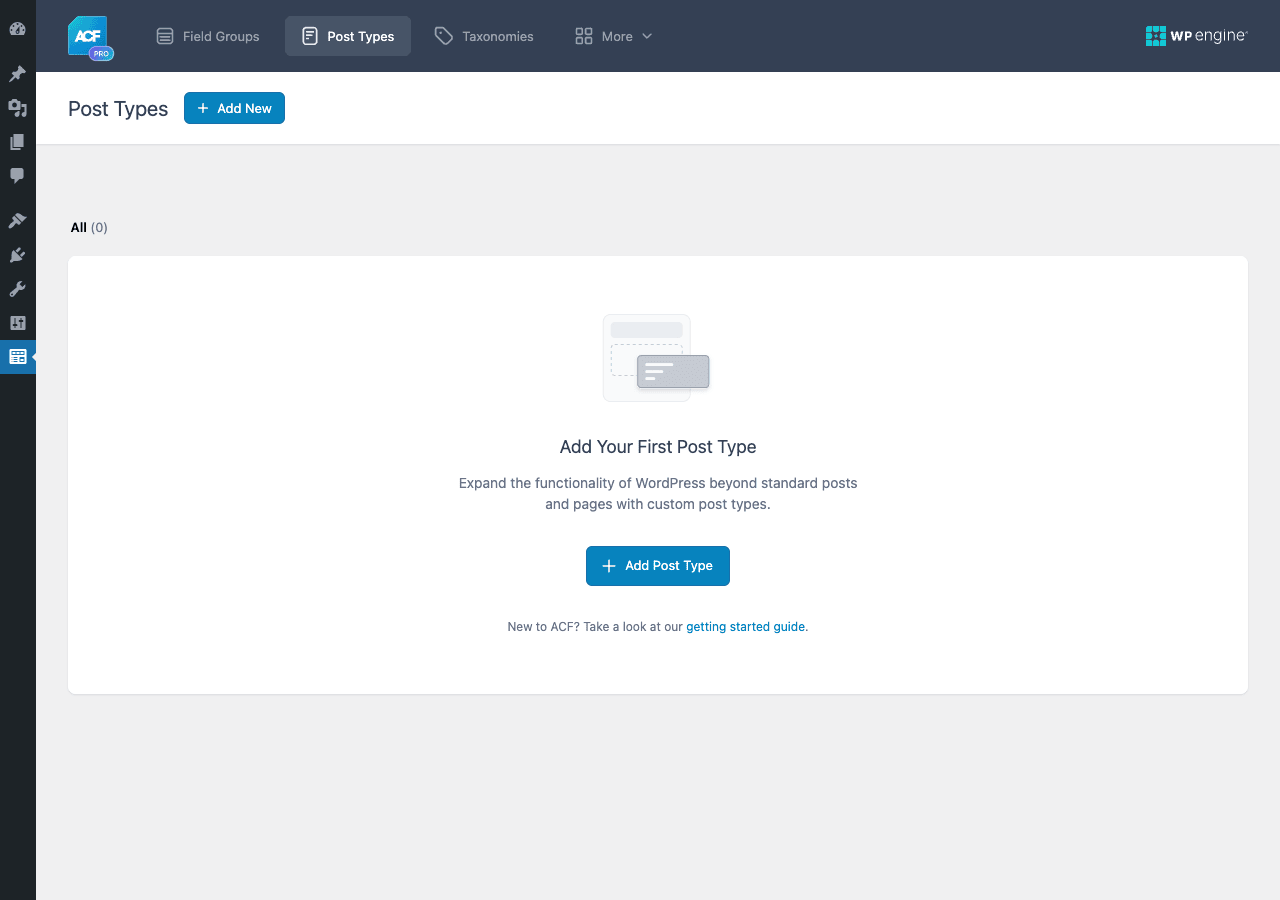 ACF Pro Post Types tab ACF Pro Post Types tab showing the empty state with an Add Post Type button