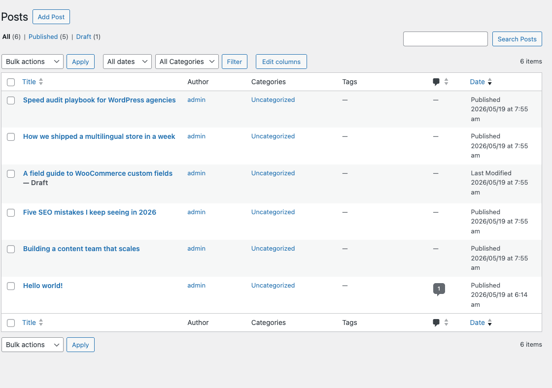 Posts list with multiple posts in Admin Columns Pro