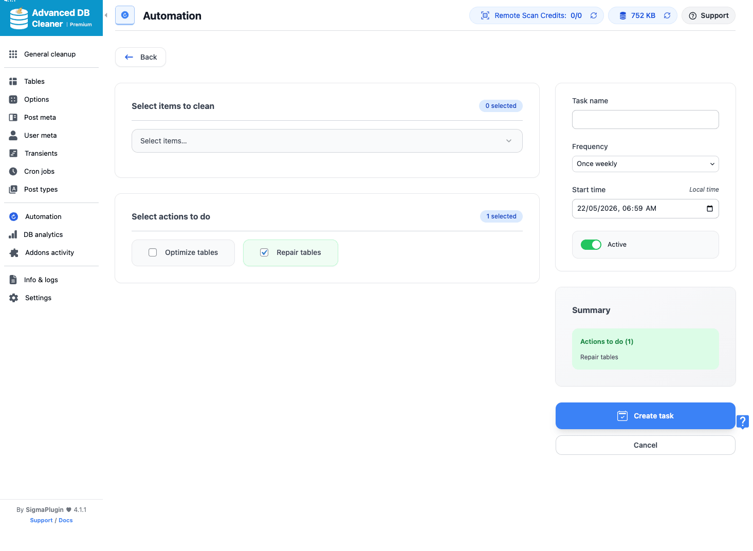 Automation, scheduled cleanup task creation Creating an automation task with frequency and start time
