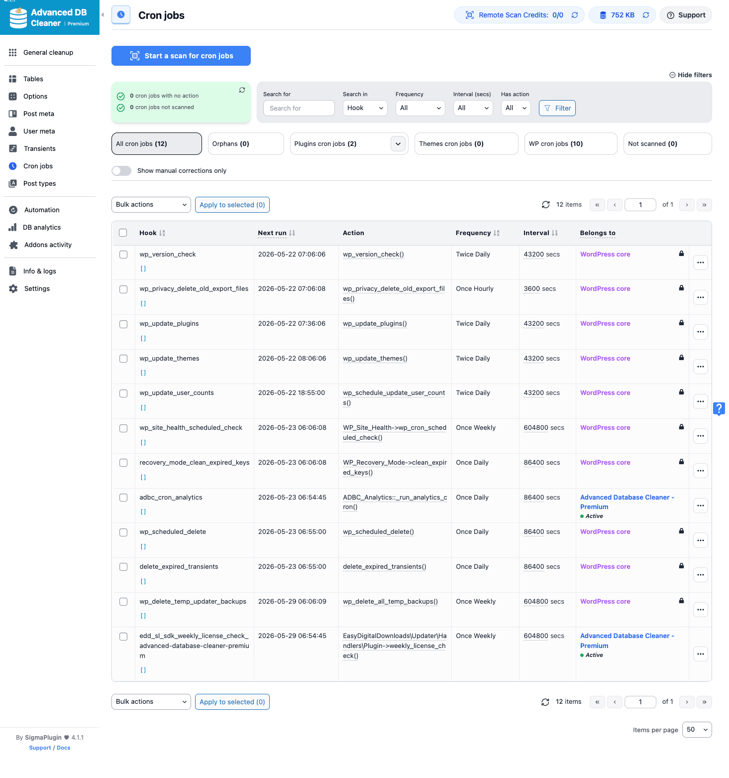 Cron jobs tab, registered hooks, frequencies, and orphans Cron jobs tab listing every scheduled hook with next-run and frequency