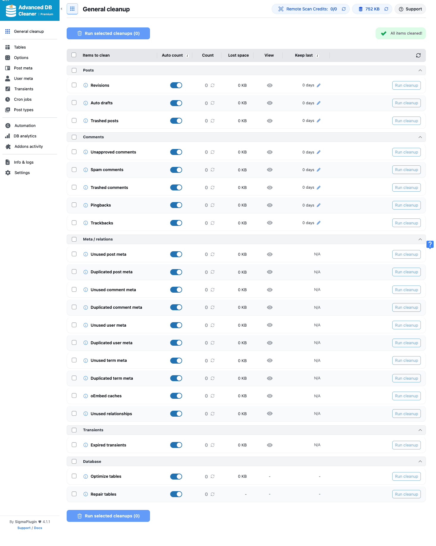 Advanced Database Cleaner, General cleanup Advanced Database Cleaner general cleanup tab with all 28 categories listed by group