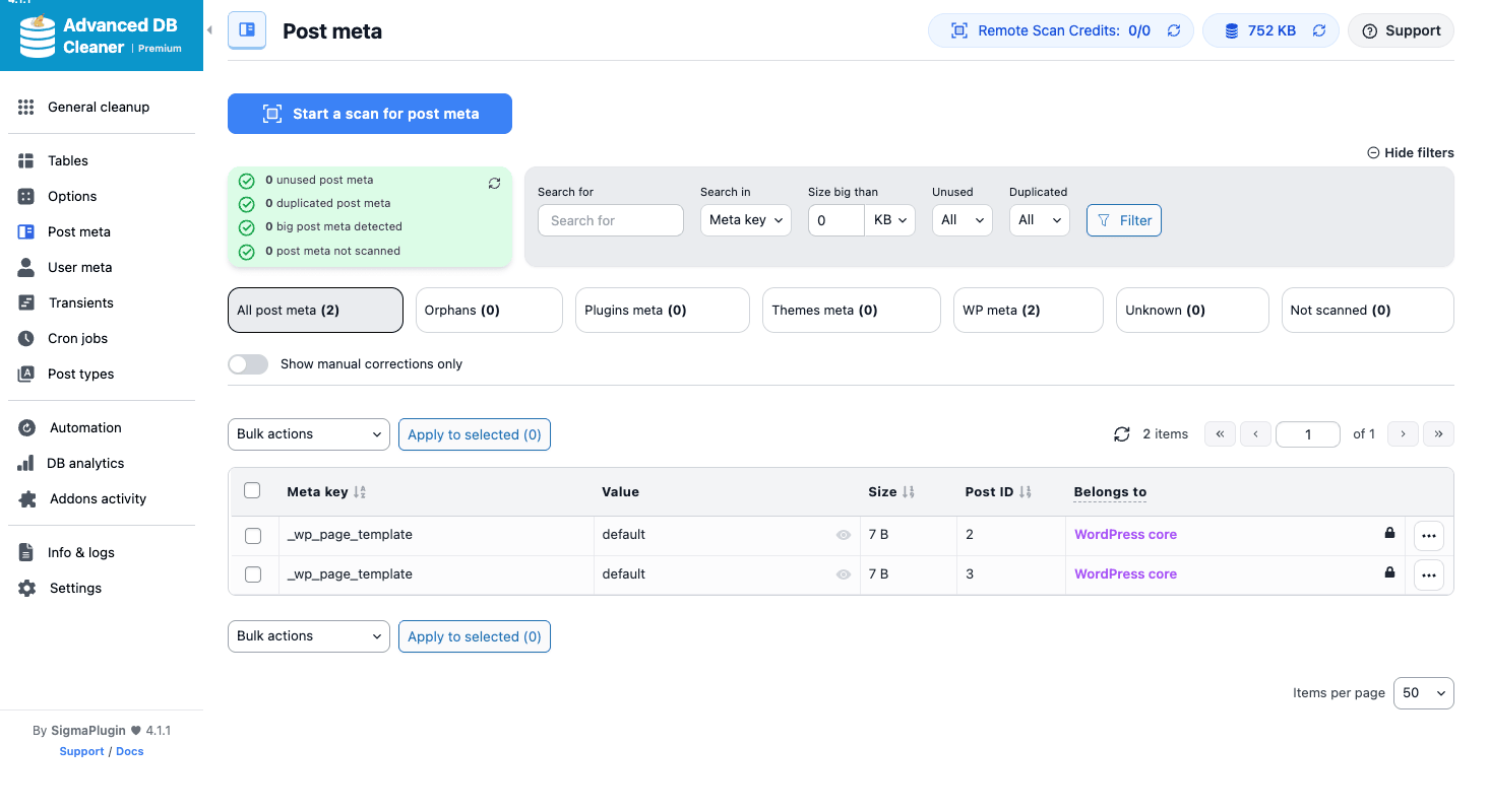 Post meta tab, orphan detection and per-row preview Post meta tab showing orphan and duplicate detection with a row preview