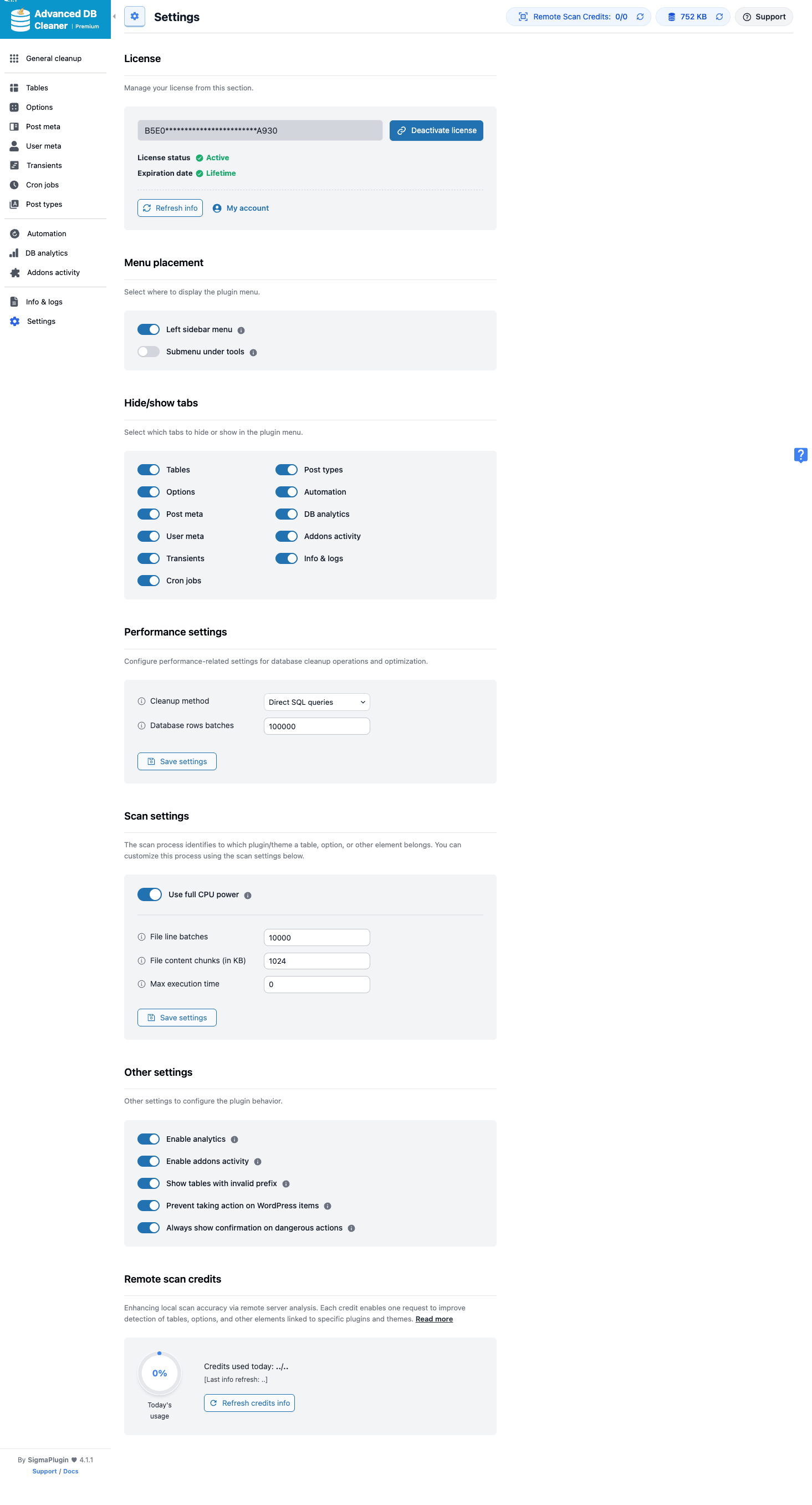 Settings tab Settings tab with license, menu placement, performance, scan, and remote-scan-credits sections