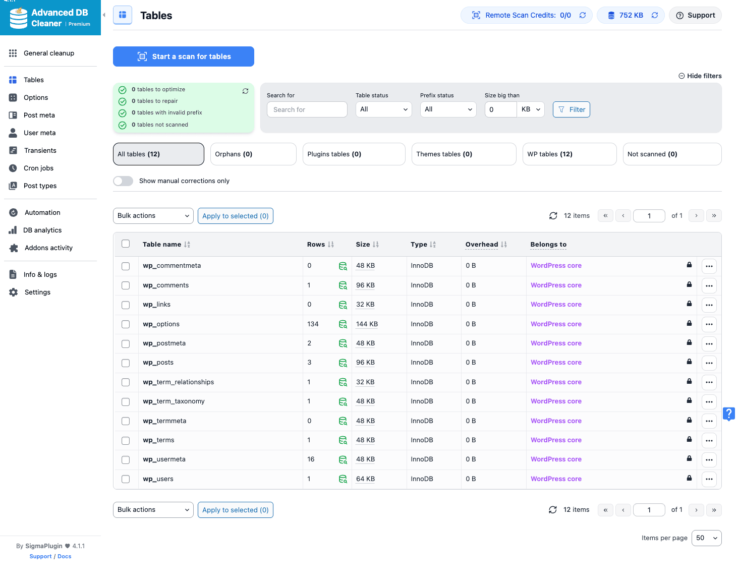 Tables tab, every table with size and engine Tables tab listing every database table with engine size and row count