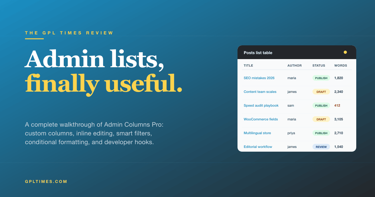 Admin Columns Pro Review: WordPress Admin Lists, Finally Useful review on GPL Times