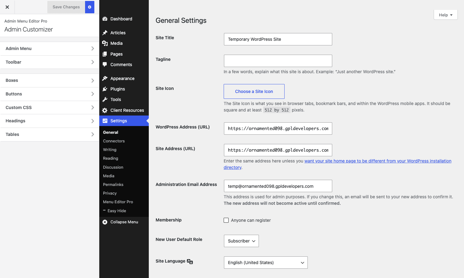 Admin Customizer in Admin Menu Editor Pro Admin Customizer with live preview showing the customized menu, toolbar, and headings panel