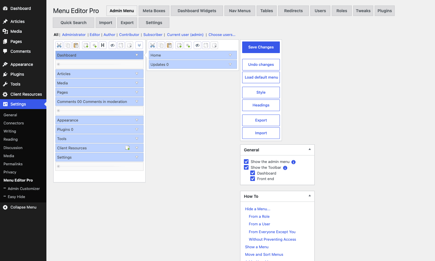 Admin Menu Editor Pro main editor Admin Menu Editor Pro main editor with renamed Articles and a custom Client Resources menu item