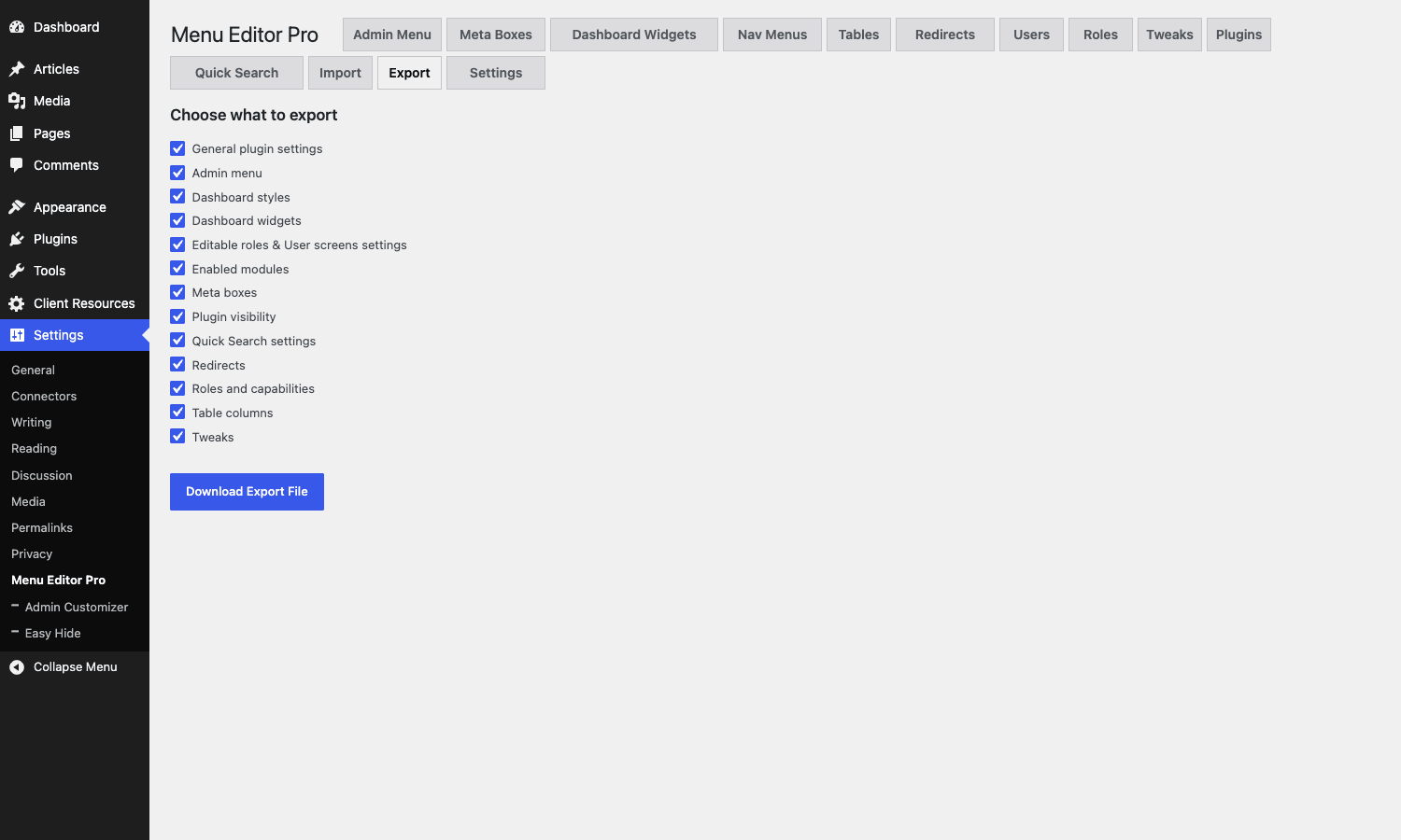 Import and export configurations Import and export panel for moving Admin Menu Editor Pro configurations between WordPress sites