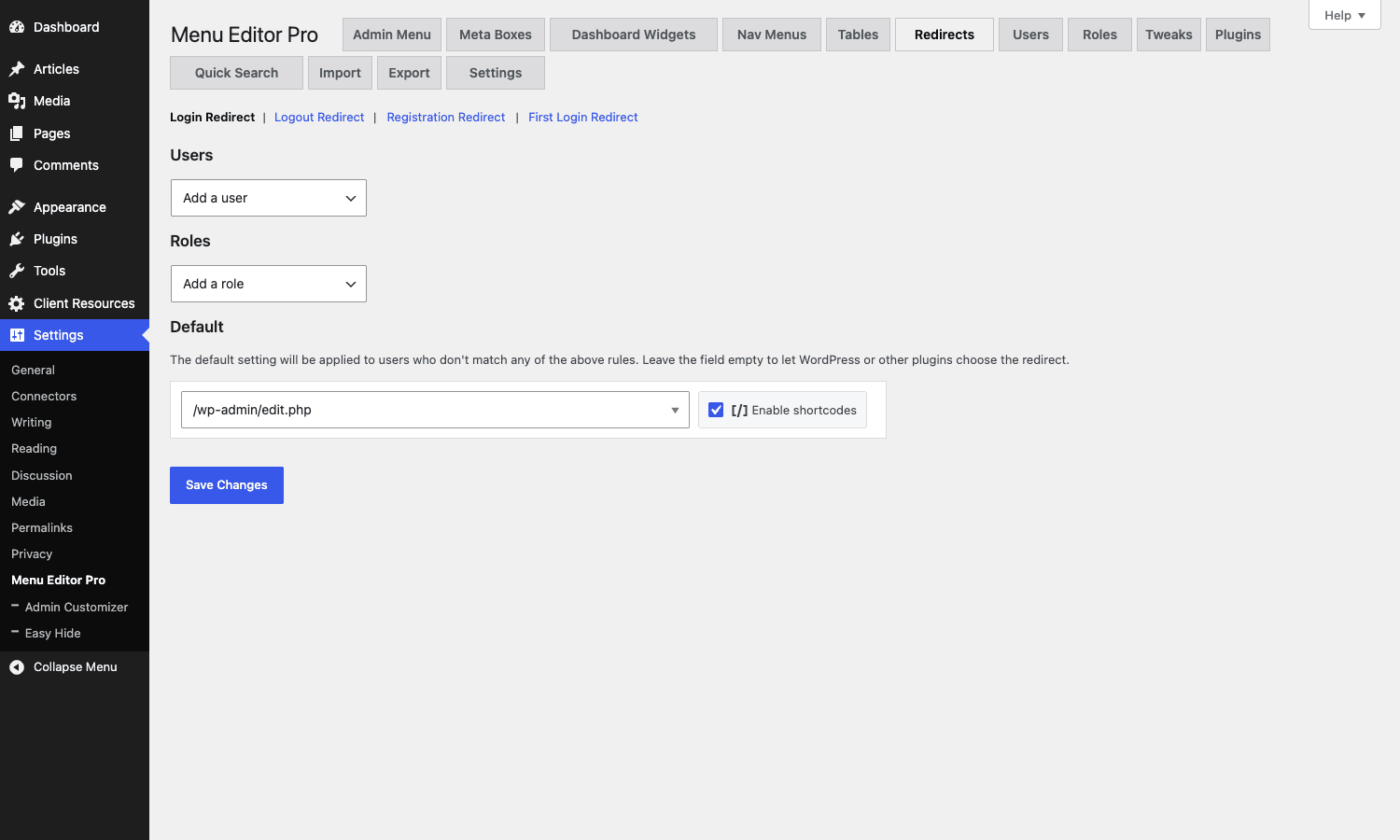 Login redirect rules in Admin Menu Editor Pro Login and logout redirect rules with per-role and default destination fields