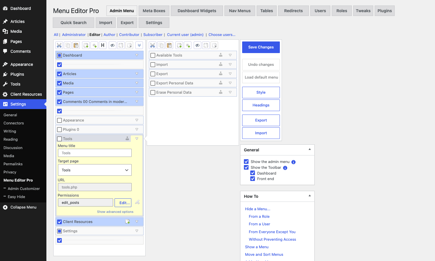 Per-role permissions in Admin Menu Editor Pro Per-role permissions view showing Tools hidden for the Editor role with the menu item editor expanded