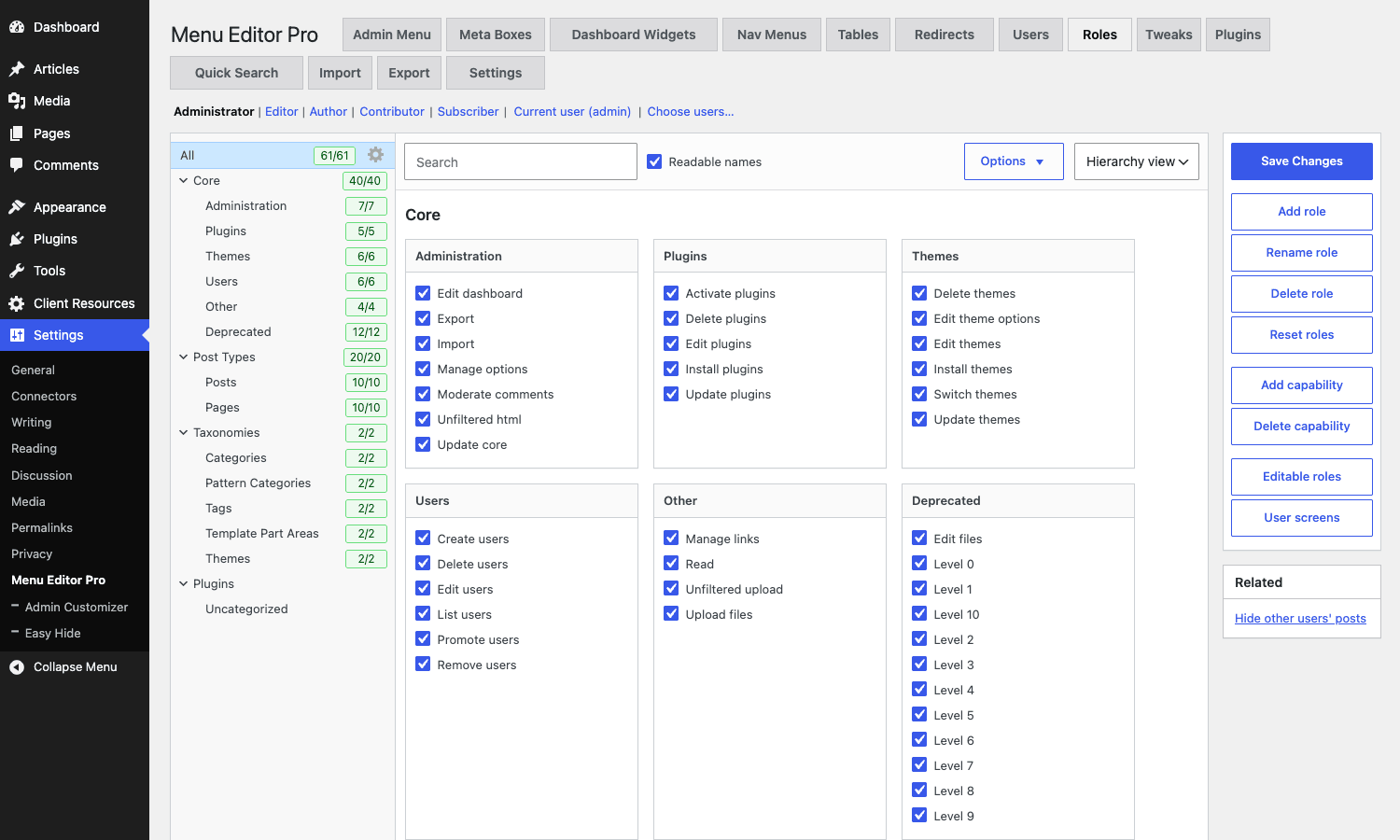 Role capability matrix in Admin Menu Editor Pro Roles capability matrix showing per-role granular capability checkboxes