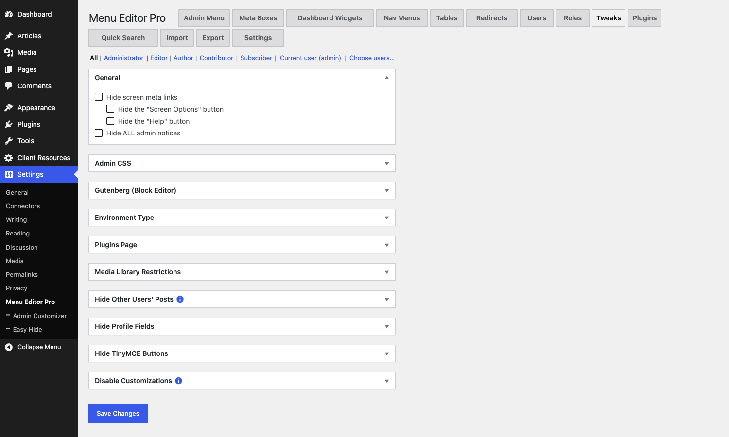 Tweaks tab in Admin Menu Editor Pro Tweaks tab with sections for general, admin CSS, Gutenberg, environment, and other WordPress quirks