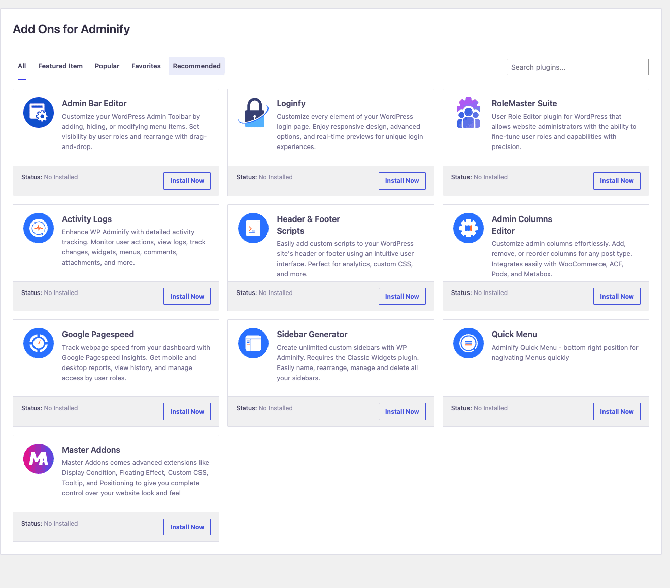 WP Adminify Pro addons WP Adminify Pro addon grid including Loginfy and RoleMaster Suite