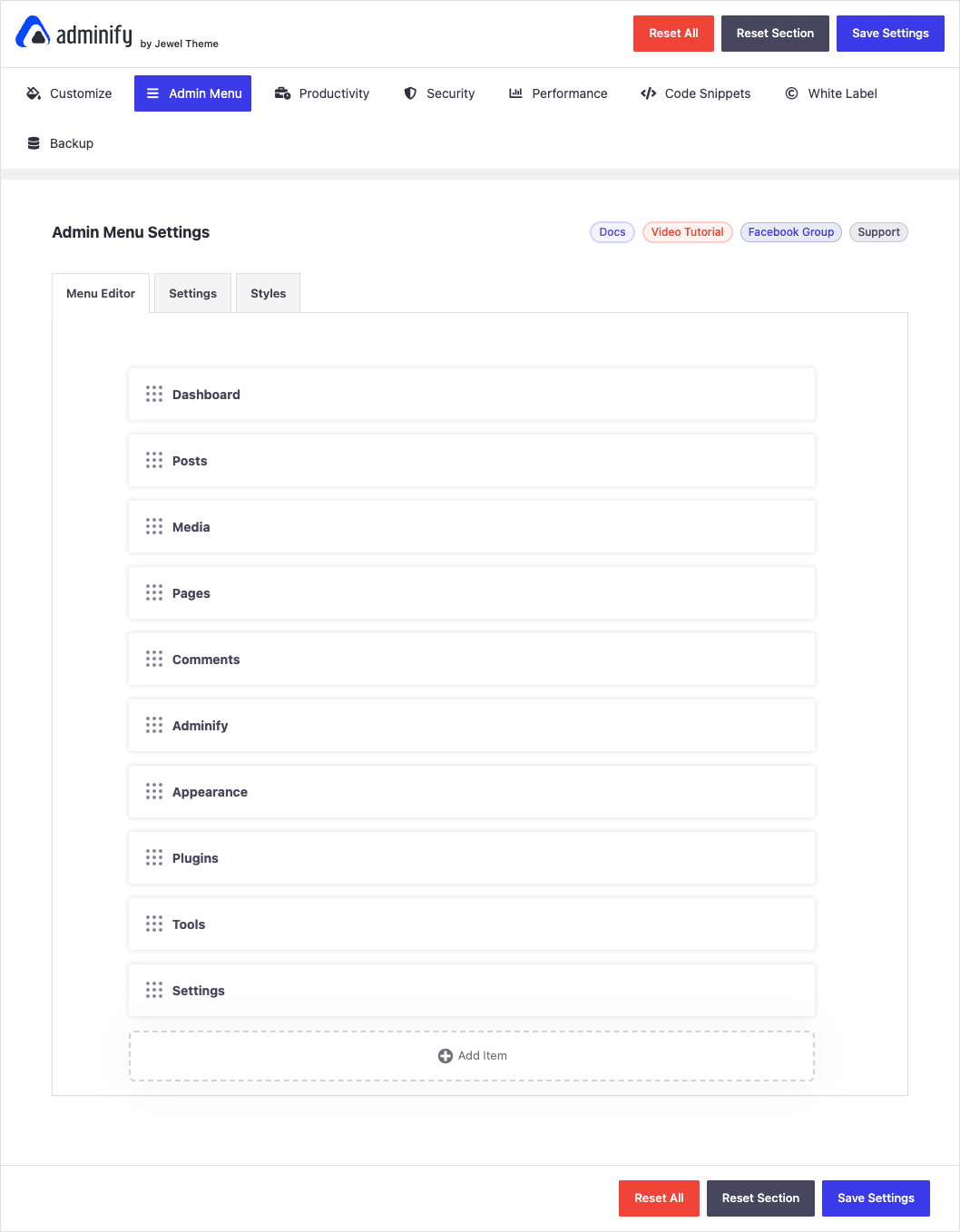 WP Adminify Pro Admin Menu Editor WP Adminify Pro drag-and-drop Admin Menu Editor with reorderable menu cards