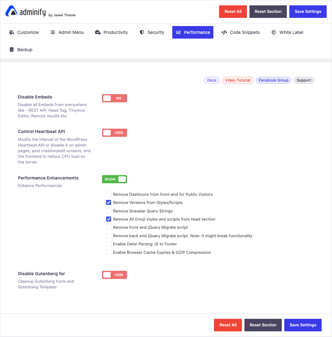 WP Adminify Pro Performance settings WP Adminify Pro Performance tab with heartbeat and head cleanup options