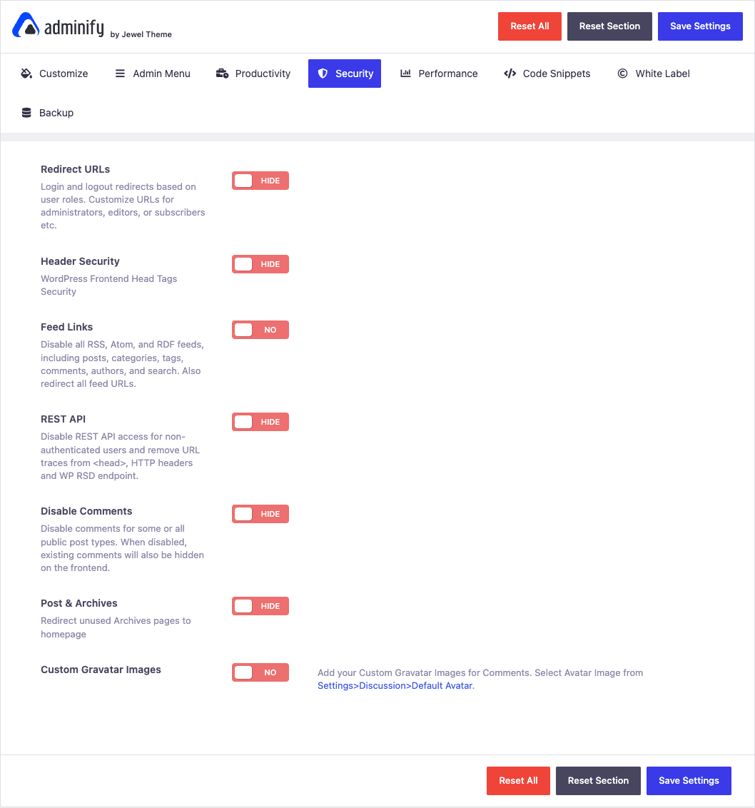 WP Adminify Pro Security settings WP Adminify Pro Security tab with redirect, REST API, and feed controls