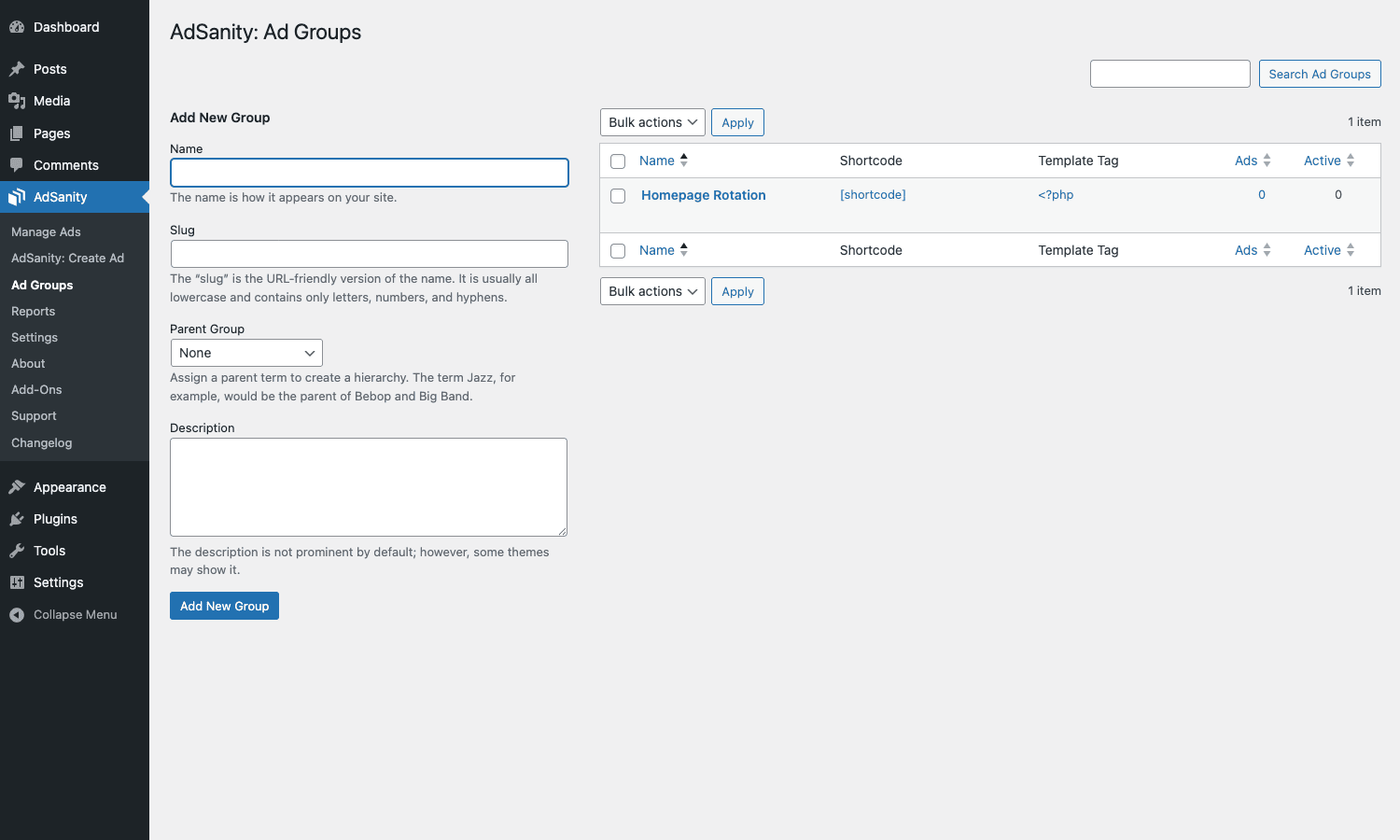 AdSanity Ad Groups AdSanity Ad Groups screen showing an Add New Group form and a Homepage Rotation group already created
