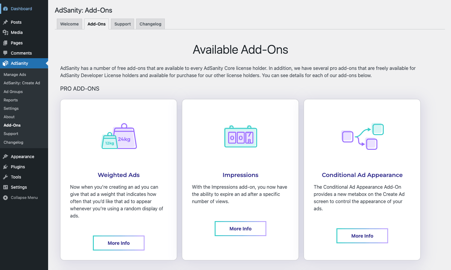 AdSanity available add-ons AdSanity Available Add-Ons screen showing Weighted Ads, Impressions, and Conditional Ad Appearance cards