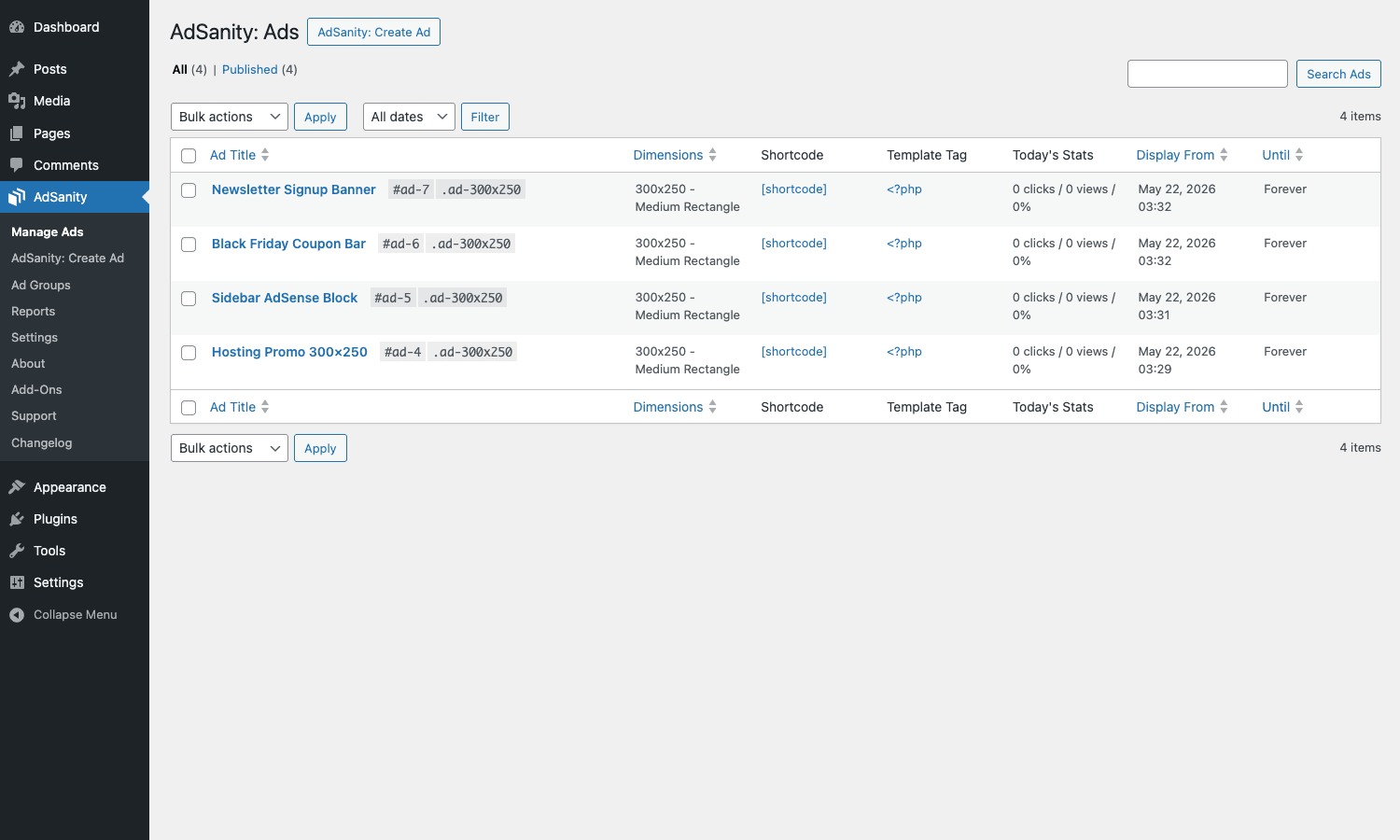 AdSanity Ads list AdSanity All Ads list table with four ads, each showing the shortcode, PHP template tag, and Display From / Until columns
