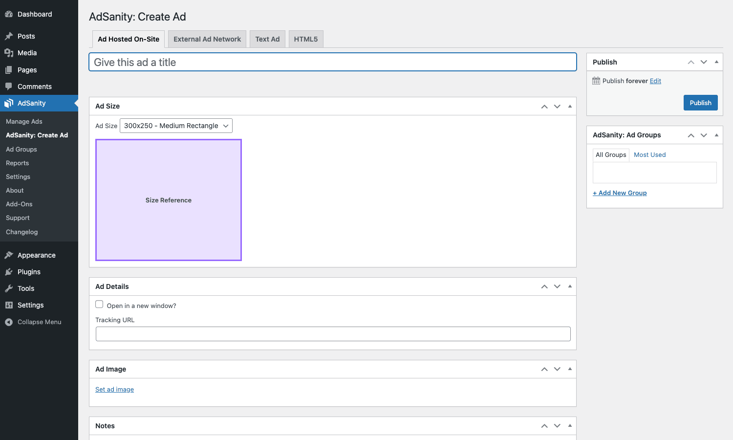 AdSanity Create Ad AdSanity Create Ad screen showing the four ad type tabs and the medium rectangle size reference