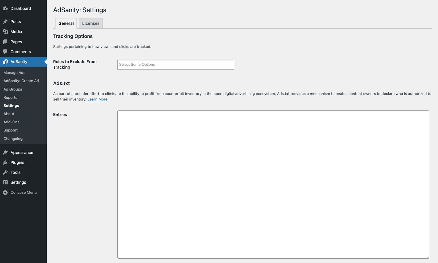 AdSanity settings AdSanity Settings General tab showing Tracking Options with a roles-to-exclude selector and the Ads.txt entries text area