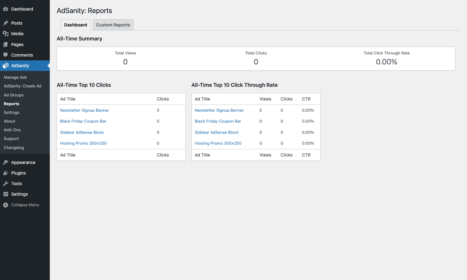 AdSanity Reports dashboard AdSanity Reports Dashboard showing All-Time Summary tiles, Top 10 Clicks table, and Top 10 Click Through Rate table
