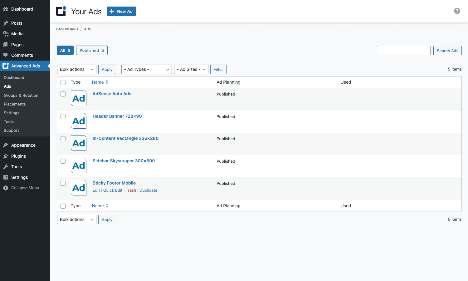 Saved ads sit in a standard WordPress list table with bulk actions, type/size filters, and a Duplicate link Ad list with multiple saved ads