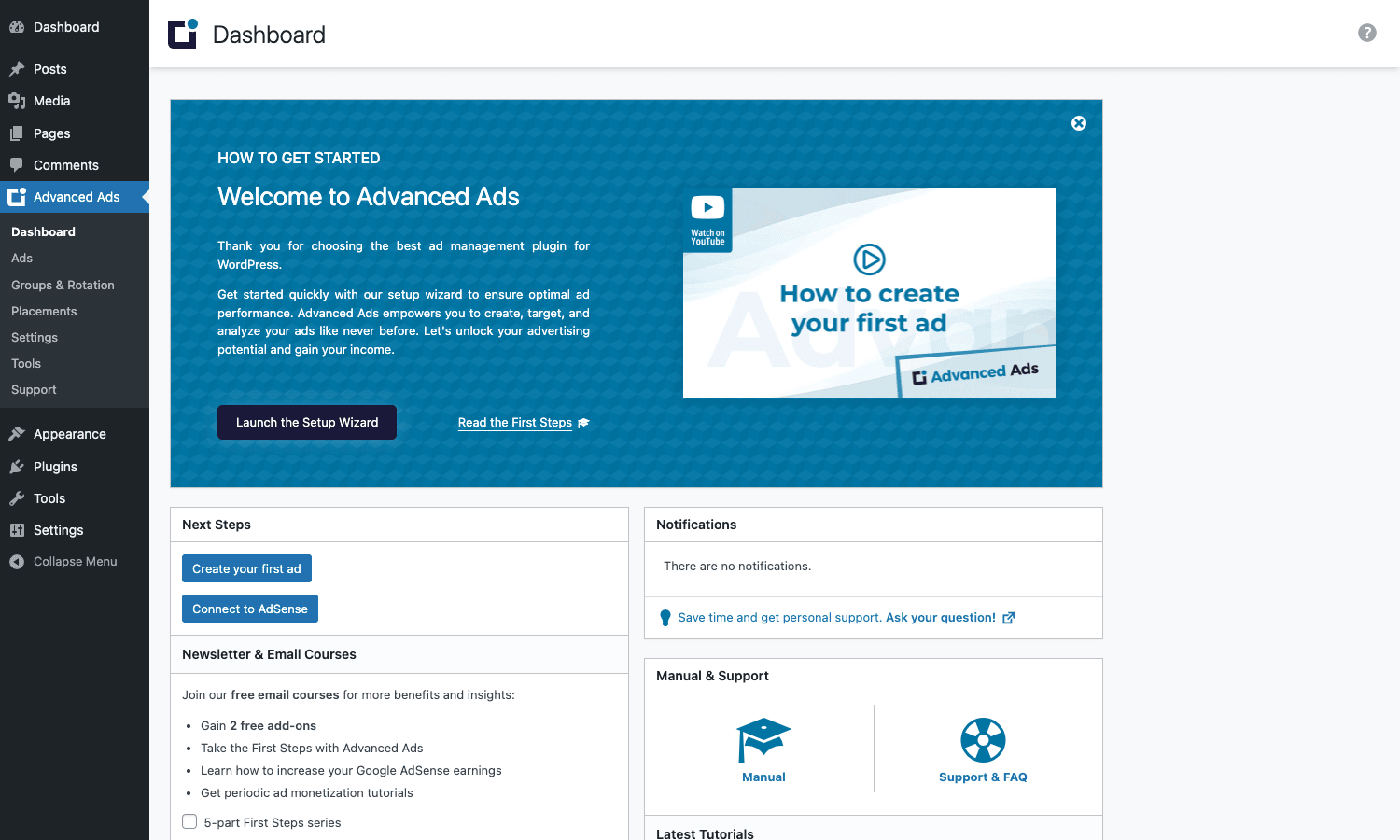 The Advanced Ads dashboard surfaces next-step suggestions and the setup wizard Advanced Ads dashboard inside WordPress admin