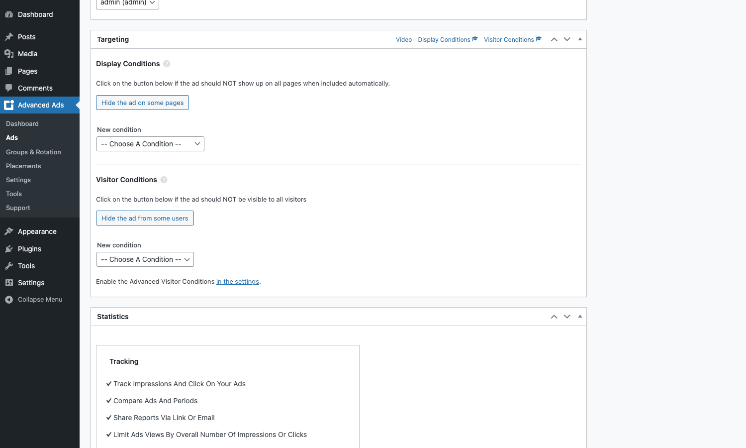 Targeting splits into 'where this ad can run' and 'who sees it' Display and visitor conditions on an ad edit screen