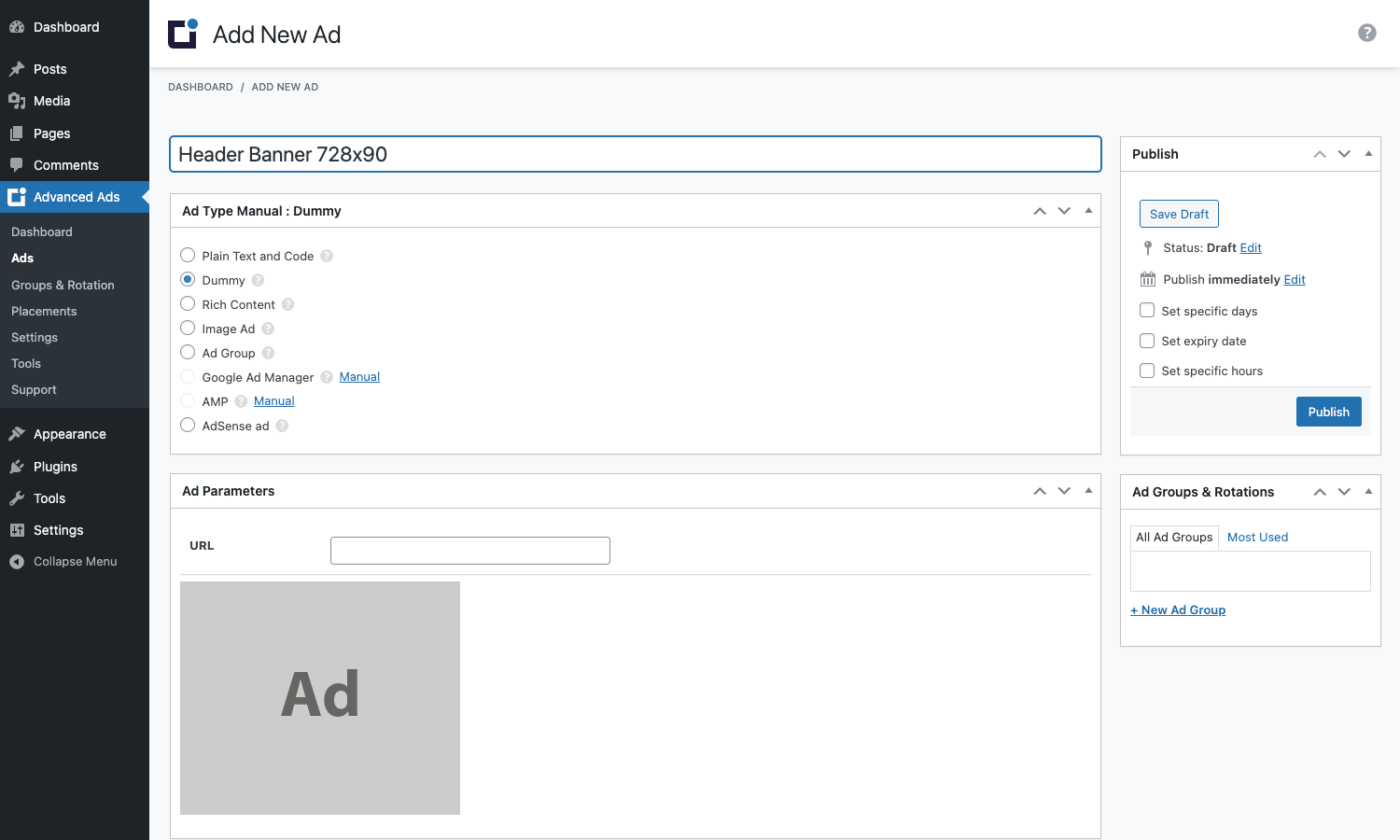 Every new ad picks a type: plain code, AdSense, image, Ad Group, AMP, dummy, or rich content Add new ad screen with all available ad types