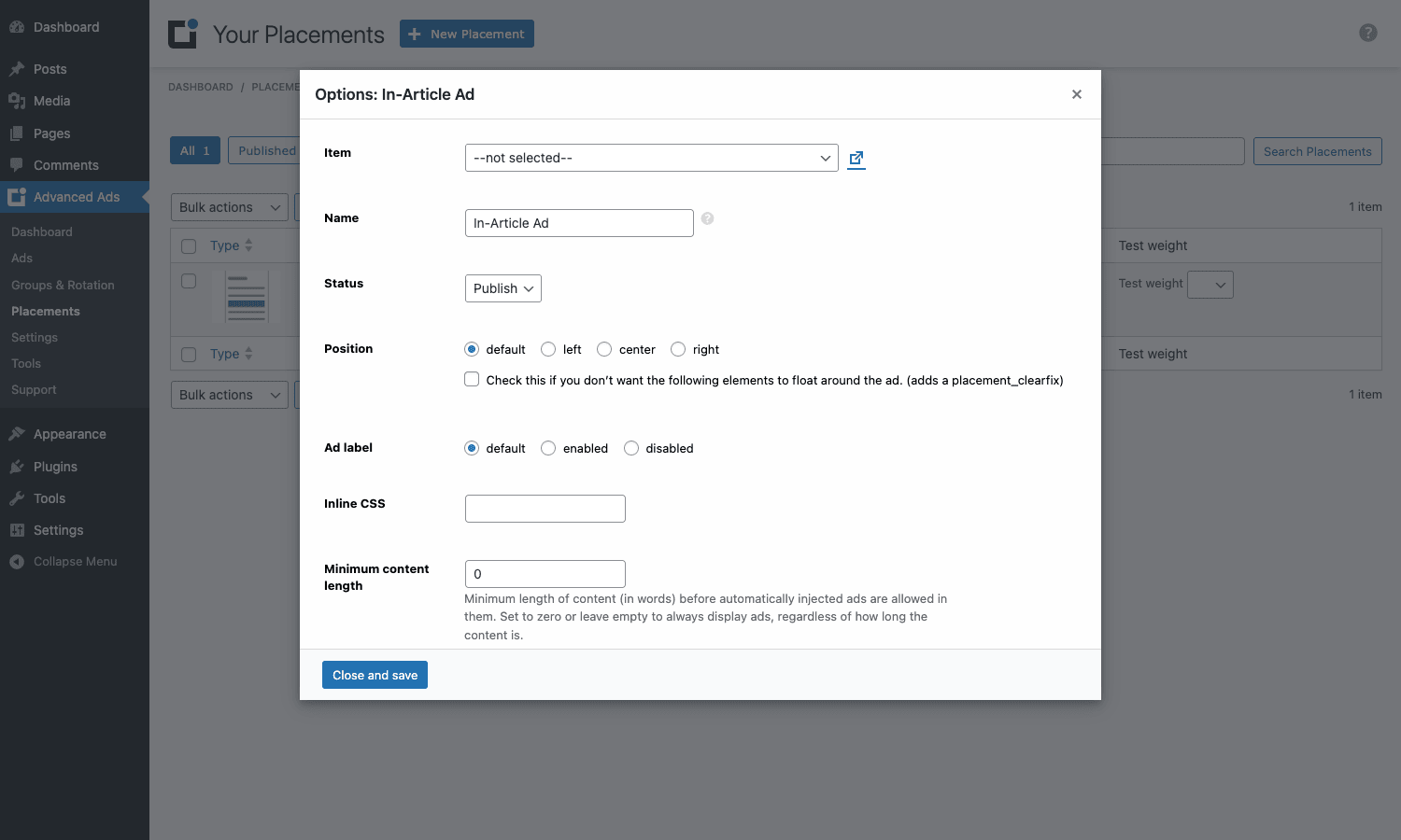Each placement opens to a settings dialog with position, inline CSS, minimum content length, and cache-busting toggles Placement options dialog with position, ad label, content length