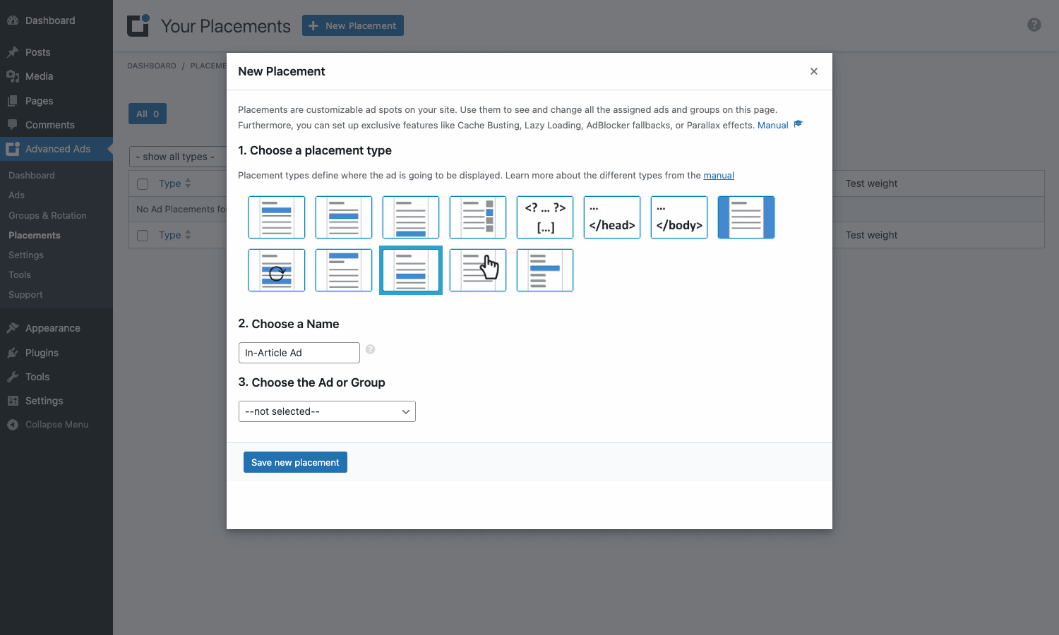 Each placement type maps to a specific injection point in your theme Placement type picker with 13 placement types