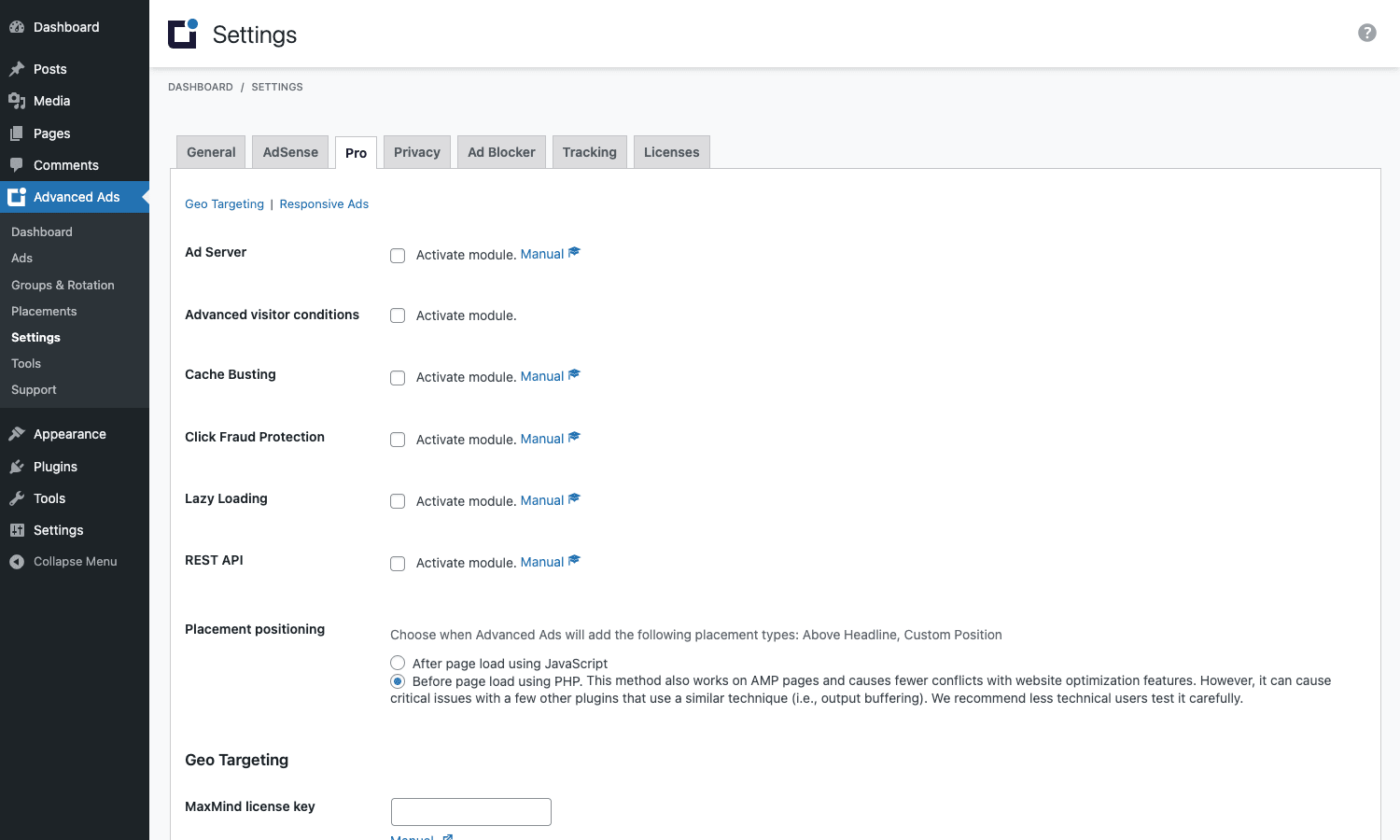The Pro settings tab is where you turn modules on or off one at a time Advanced Ads Pro settings tab listing all Pro modules