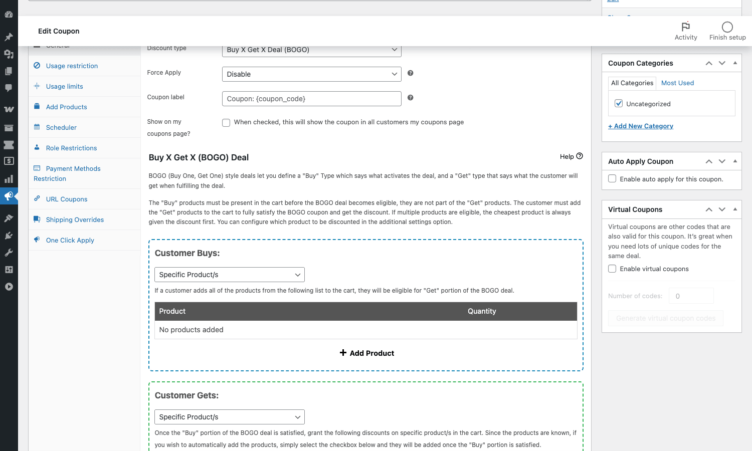 BOGO deal setup, Customer Buys + Customer Gets BOGO Deals editor showing Customer Buys and Customer Gets product lines, with Add Product buttons and the right-side meta boxes for Coupon Categories, Auto Apply Coupon, and Virtual Coupons