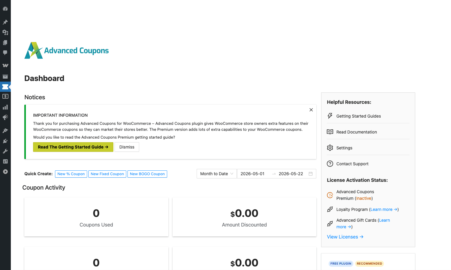 Advanced Coupons dashboard Advanced Coupons dashboard inside WooCommerce admin showing coupon activity, quick create buttons, and license activation status
