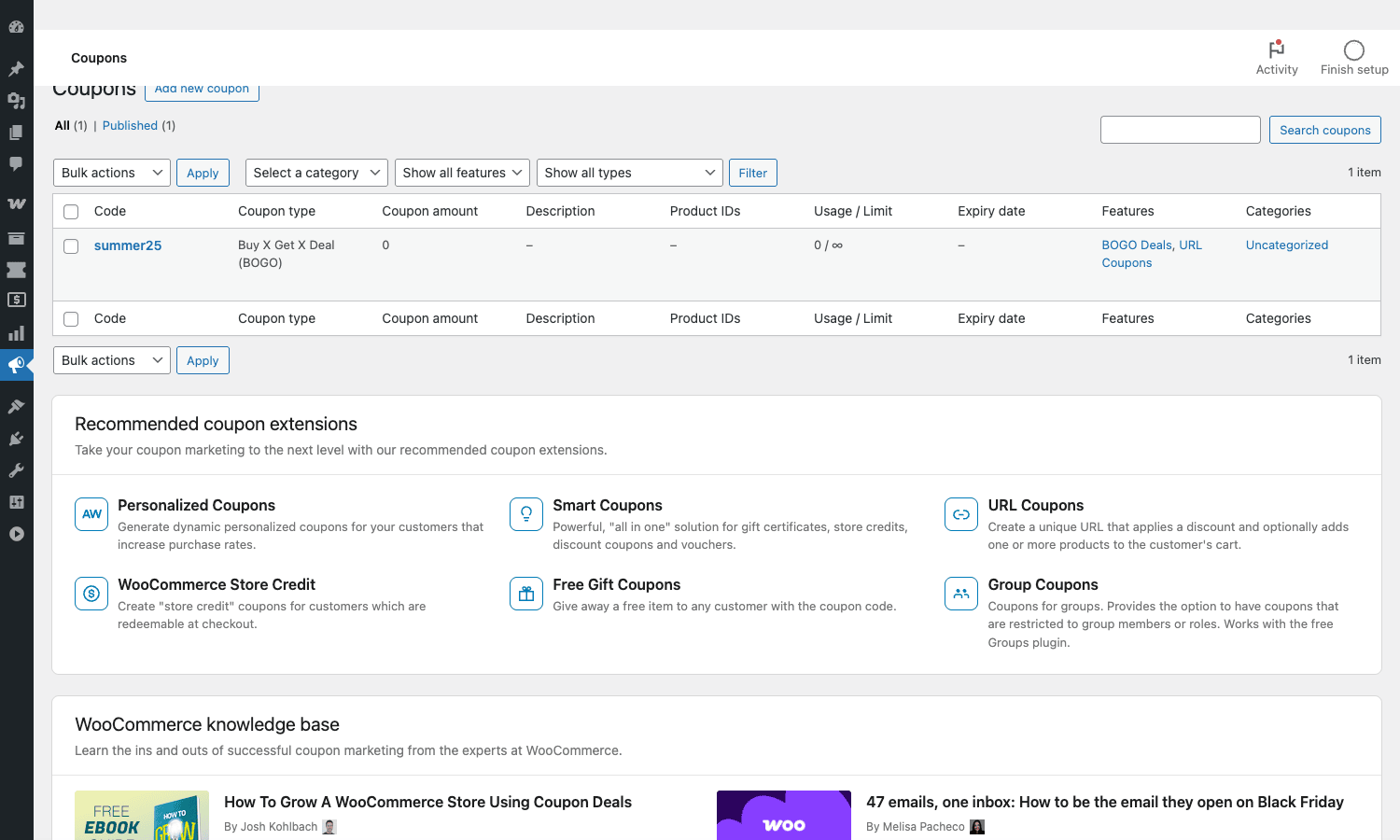 Coupons list with the Features column Advanced Coupons list view with Code, Type, Description, Features and Usage columns visible