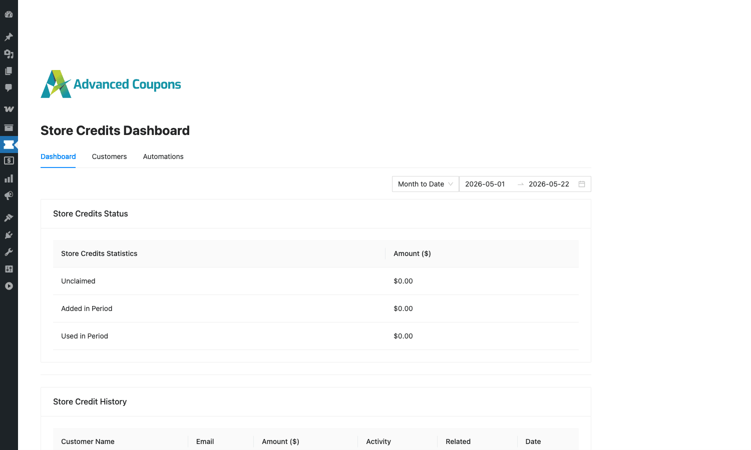 Store Credits dashboard Store Credits Dashboard with status panel, statistics, and Store Credit History table headers visible