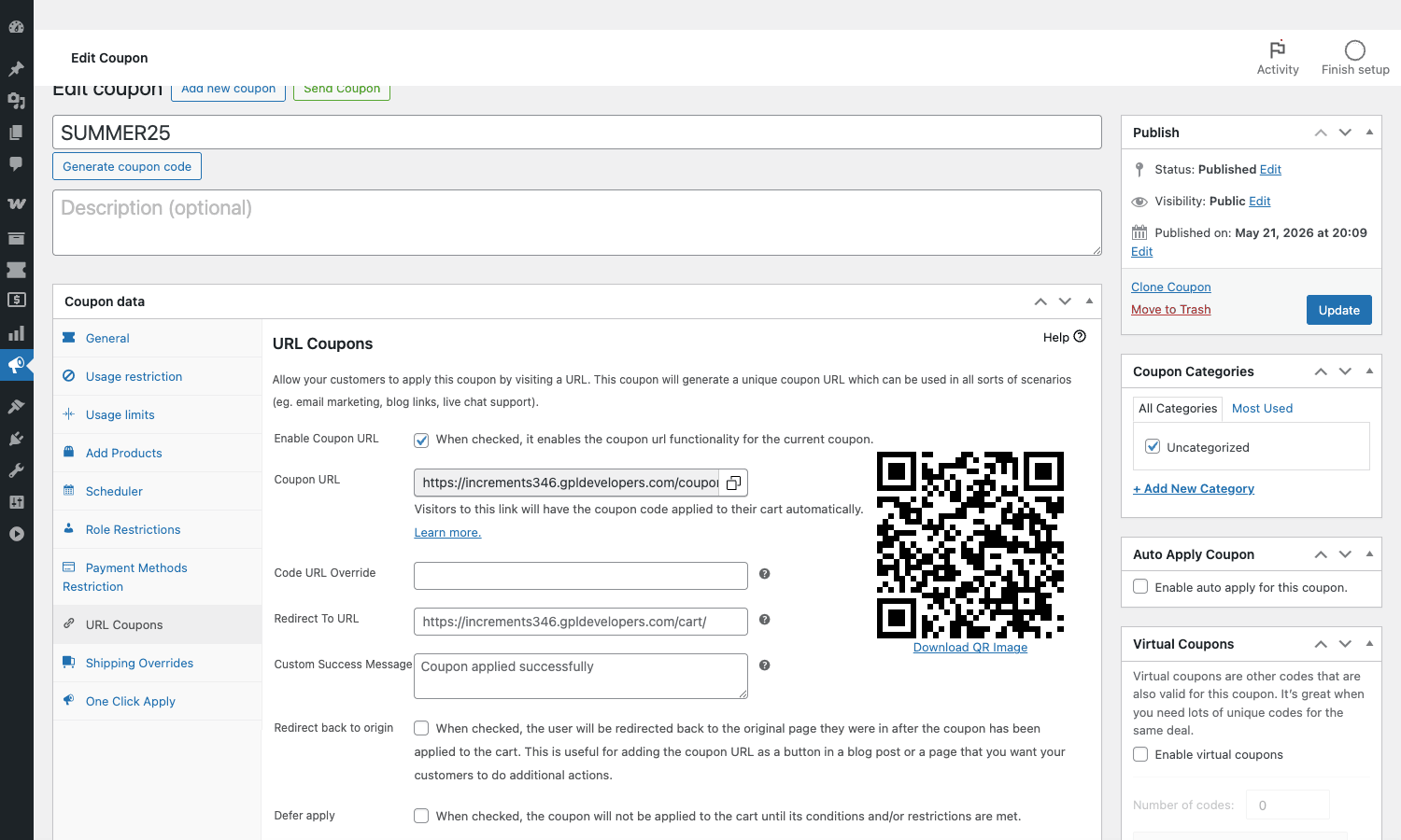 URL Coupons tab with QR code URL Coupons tab showing Enable Coupon URL toggle, Custom Coupon Slug input, redirect URL field, QR code for the share link, and defer apply checkbox