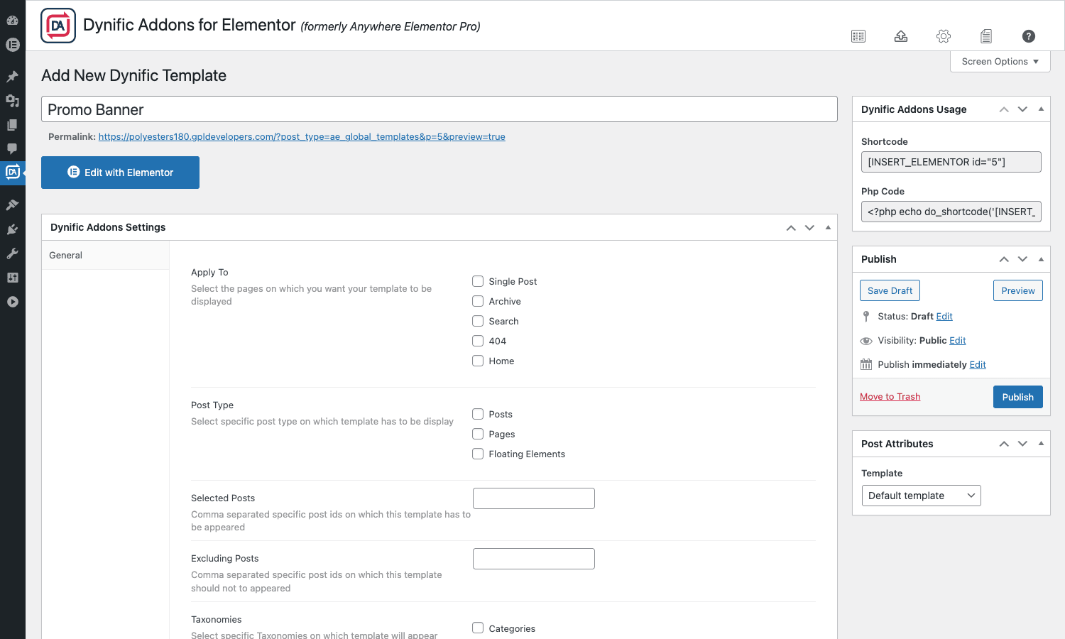 Conditional display rules Rules tab showing Apply To, Post Type, Selected Posts, Excluding Posts, and Taxonomies conditional display fields