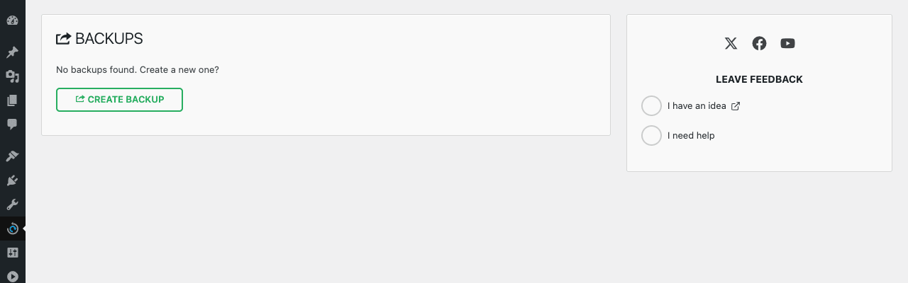 All-in-One WP Migration Backups list page All-in-One WP Migration Backups page showing No backups found message with a CREATE BACKUP button below. Right sidebar shows Leave Feedback panel with X Facebook YouTube social icons and I have an idea and I need help options