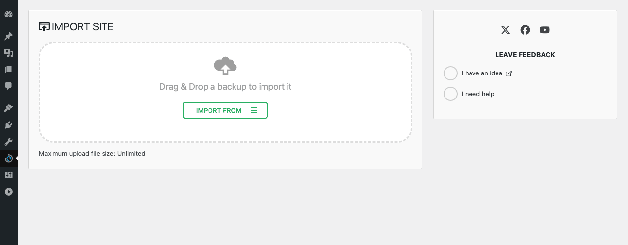 All-in-One WP Migration Import Site with Unlimited upload size All-in-One WP Migration Import Site page with a Drag and Drop a backup to import it area featuring a cloud upload icon and IMPORT FROM dropdown button, plus Maximum upload file size Unlimited indicator at the bottom. Right sidebar shows Leave Feedback panel