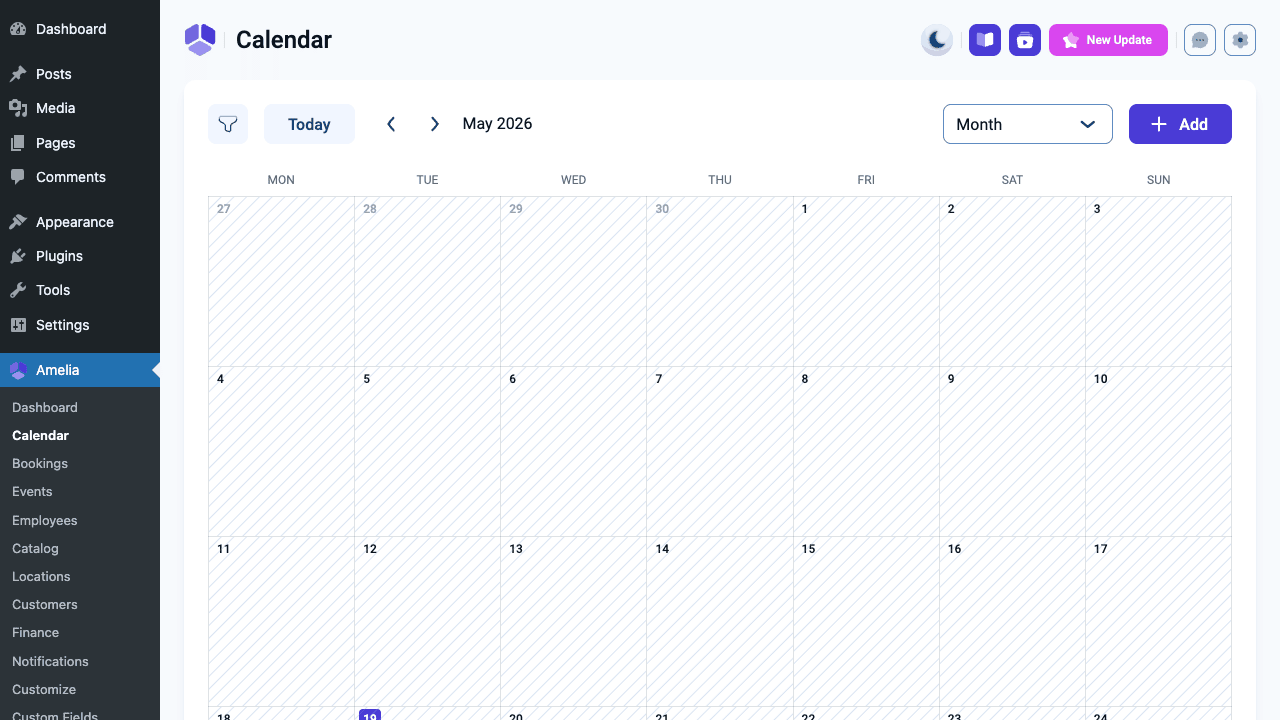 Amelia Pro Calendar view Amelia Pro calendar admin view showing monthly appointment schedule